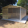 Load image into Gallery viewer, A multi-unit wooden dog kennel block with multiple runs. The structure is built with pressure-treated timber and features galvanized steel bar panels for the runs, with each unit having a separate, enclosed sleeping area. The kennel is designed for multiple dogs and is durable and secure.