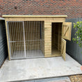 Load image into Gallery viewer, Wooden Dog Kennel & Run. The weatherproof outdoor shelter features a durable timber sleeping area and a rust-resistant galvanised steel run panel.