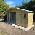 Load image into Gallery viewer, Apex Wooden Dog Kennel & Run. The pressure-treated outdoor shelter features a classic apex roof design and a secure galvanized steel run panel.