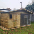 Load image into Gallery viewer, Apex Wooden Dog Kennel & Run. The pressure-treated outdoor shelter features a classic apex roof design and a secure galvanized steel run panel.