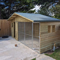 Load image into Gallery viewer, Apex Wooden Dog Kennel & Run. The pressure-treated outdoor shelter features a classic apex roof design and a secure galvanized steel run panel.