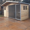 Load image into Gallery viewer, Apex Wooden Dog Kennel & Run. The pressure-treated outdoor shelter features a classic apex roof design and a secure galvanized steel run panel.