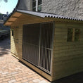 Load image into Gallery viewer, Apex Wooden Dog Kennel & Run. The pressure-treated outdoor shelter features a classic apex roof design and a secure galvanized steel run panel.