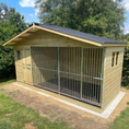 Load image into Gallery viewer, Apex Wooden Dog Kennel & Run. The pressure-treated outdoor shelter features a classic apex roof design and a secure galvanized steel run panel.