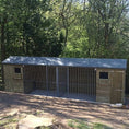 Load image into Gallery viewer, KENNELSTORE Wymbury Double Wooden Dog Kennel, a 18ft x 5ft multi-dog housing unit. The kennel features a distinctive apex roof and is made from pressure-treated tanalised timber, with two separate runs equipped with galvanised panels for security.