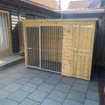 Load image into Gallery viewer, A Kennelstore 8x6 Chesterfield Wooden Dog Kennel & Run. The weatherproof outdoor shelter features a durable timber sleeping area and a rust-resistant galvanised steel run panel.