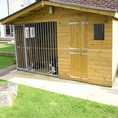 Load image into Gallery viewer, A Kennelstore 10x4 Elworth Apex Wooden Dog Kennel & Run. The pressure-treated outdoor shelter features a classic apex roof design and a secure galvanized steel run panel.