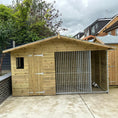 Load image into Gallery viewer, Apex Wooden Dog Kennel & Run. The pressure-treated outdoor shelter features a classic apex roof design and a secure galvanized steel run panel.