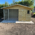 Load image into Gallery viewer, wooden dog kennel and run, showing the apex roof and secure outdoor enclosure.