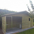 Load image into Gallery viewer, A Kennelstore 14x5 Elworth Apex Wooden Dog Kennel & Run. The pressure-treated outdoor shelter features a classic apex roof design and a secure galvanized steel run panel.