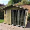 Load image into Gallery viewer, 8x4 Chalet Elworth wooden dog kennel and run showing the apex roof, 3 Perspex windows for natural light, and 5cm galvanised steel panels.