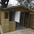 Load image into Gallery viewer, Apex Wooden Dog Kennel & Run. The pressure-treated outdoor shelter features a classic apex roof design and a secure galvanized steel run panel.