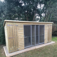 Load image into Gallery viewer, Spacious double dog kennel and run, perfect for medium to large breeds like Golden Retrievers, Border Collies, and mixed-breed dogs. This outdoor structure is made with weather-resistant wood and includes two separate enclosures.