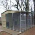Load image into Gallery viewer, A multi-unit wooden dog kennel block with multiple runs. The structure is built with pressure-treated timber and features galvanized steel bar panels for the runs, with each unit having a separate, enclosed sleeping area. The kennel is designed for multiple dogs and is durable and secure.