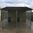 Load image into Gallery viewer, A multi-unit wooden dog kennel block with multiple runs. The structure is built with pressure-treated timber and features galvanized steel bar panels for the runs, with each unit having a separate, enclosed sleeping area. The kennel is designed for multiple dogs and is durable and secure.