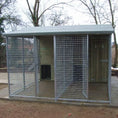 Load image into Gallery viewer, A multi-unit wooden dog kennel block with multiple runs. The structure is built with pressure-treated timber and features galvanized steel bar panels for the runs, with each unit having a separate, enclosed sleeping area. The kennel is designed for multiple dogs and is durable and secure.