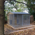 Load image into Gallery viewer, A multi-unit wooden dog kennel block with multiple runs. The structure is built with pressure-treated timber and features galvanized steel bar panels for the runs, with each unit having a separate, enclosed sleeping area. The kennel is designed for multiple dogs and is durable and secure.