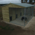 Load image into Gallery viewer, A multi-unit wooden dog kennel block with multiple runs. The structure is built with pressure-treated timber and features galvanized steel bar panels for the runs, with each unit having a separate, enclosed sleeping area. The kennel is designed for multiple dogs and is durable and secure.