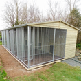 Load image into Gallery viewer, A multi-unit wooden dog kennel block with multiple runs. The structure is built with pressure-treated timber and features galvanized steel bar panels for the runs, with each unit having a separate, enclosed sleeping area. The kennel is designed for multiple dogs and is durable and secure.