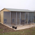Load image into Gallery viewer, A multi-unit wooden dog kennel block with multiple runs. The structure is built with pressure-treated timber and features galvanized steel bar panels for the runs, with each unit having a separate, enclosed sleeping area. The kennel is designed for multiple dogs and is durable and secure.
