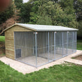 Load image into Gallery viewer, A multi-unit wooden dog kennel block with multiple runs. The structure is built with pressure-treated timber and features galvanized steel bar panels for the runs, with each unit having a separate, enclosed sleeping area. The kennel is designed for multiple dogs and is durable and secure.