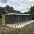 Load image into Gallery viewer, A multi-unit wooden dog kennel block with multiple runs. The structure is built with pressure-treated timber and features galvanized steel bar panels for the runs, with each unit having a separate, enclosed sleeping area. The kennel is designed for multiple dogs and is durable and secure.