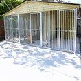 Load image into Gallery viewer, A multi-unit wooden dog kennel block with multiple runs. The structure is built with pressure-treated timber and features galvanized steel bar panels for the runs, with each unit having a separate, enclosed sleeping area. The kennel is designed for multiple dogs and is durable and secure.