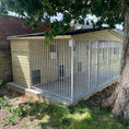 Load image into Gallery viewer, A multi-unit wooden dog kennel block with multiple runs. The structure is built with pressure-treated timber and features galvanized steel bar panels for the runs, with each unit having a separate, enclosed sleeping area. The kennel is designed for multiple dogs and is durable and secure.