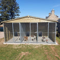 Load image into Gallery viewer, A multi-unit wooden dog kennel block with multiple runs. The structure is built with pressure-treated timber and features galvanized steel bar panels for the runs, with each unit having a separate, enclosed sleeping area. The kennel is designed for multiple dogs and is durable and secure.