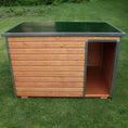 Load image into Gallery viewer, Front view of weatherproof wooden dog cabin showing entrance and chew strips