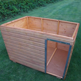 Load image into Gallery viewer, Interior of wooden dog cabin showing draught screen and spacious design