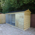 Load image into Gallery viewer, A Kennelstore 14x5 Windermere Apex Wooden Dog Kennel and Run. The weatherproof outdoor shelter features a classic apex roof and is constructed with durable timber to provide a secure and comfortable home for a dog.