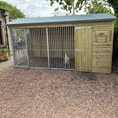 Load image into Gallery viewer, A Kennelstore 14x5 Windermere Apex Wooden Dog Kennel and Run. The weatherproof outdoor shelter features a classic apex roof and is constructed with durable timber to provide a secure and comfortable home for a dog.