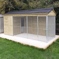 Load image into Gallery viewer, Our largest Elite Windermere 14x5 wooden dog kennel and run with a three-sided open 5cm bar run.