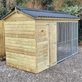 Load image into Gallery viewer, Apex Wooden Dog Kennel and Run. The weatherproof outdoor shelter features a classic apex roof and is constructed with durable timber to provide a secure and comfortable home for a dog.
