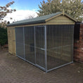 Load image into Gallery viewer, A Kennelstore 12x5 Windermere Apex Wooden Dog Kennel and Run. The weatherproof outdoor shelter features a classic apex roof and is constructed with durable timber to provide a secure and comfortable home for a dog.