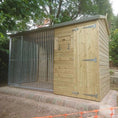 Load image into Gallery viewer, Wooden Dog Kennel and Run. The spacious outdoor shelter is built with durable timber to provide a secure and comfortable home for a dog.