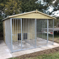 Load image into Gallery viewer, A large, 6x9 wooden Kennelstore Wymbury Double Dog Kennel and Run, featuring a classic apex roof. The kennel is constructed with durable, pressure-treated tanalised timber and includes galvanised steel panels, making it ideal for housing and separating multiple dogs securely.