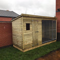 Load image into Gallery viewer, Wooden Dog Kennel & Run. The pressure-treated outdoor shelter features a durable timber frame, a secure galvanized steel run, and a pent roof designed to shed rain.