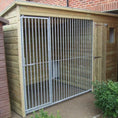 Load image into Gallery viewer, Wooden Dog Kennel & Run. The pressure-treated outdoor shelter features a durable timber frame, a secure galvanized steel run, and a pent roof designed to shed rain.