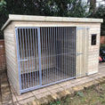 Load image into Gallery viewer, A Kennelstore 12x4 Stapeley Wooden Dog Kennel & Run. The pressure-treated outdoor shelter features a durable timber frame, a secure galvanized steel run, and a pent roof designed to shed rain.