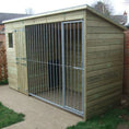 Load image into Gallery viewer, Wooden Dog Kennel & Run. The pressure-treated outdoor shelter features a durable timber frame, a secure galvanized steel run, and a pent roof designed to shed rain.
