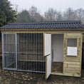 Load image into Gallery viewer, Wooden Dog Kennel and Run. The spacious outdoor shelter is built with durable timber to provide a secure and comfortable home for a dog.