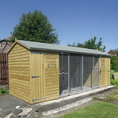 Load image into Gallery viewer, KENNELSTORE Wymbury Double Wooden Dog Kennel, a 21ft x 5ft multi-dog housing unit. The kennel features a distinctive apex roof and is made from pressure-treated tanalised timber, with two separate runs equipped with galvanised panels for security.
