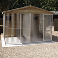 Load image into Gallery viewer, A large, 6x9 wooden Kennelstore Wymbury Double Dog Kennel and Run, featuring a classic apex roof. The kennel is constructed with durable, pressure-treated tanalised timber and includes galvanised steel panels, making it ideal for housing and separating multiple dogs securely.