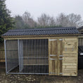 Load image into Gallery viewer, Grand Wymbury 12x5 wooden dog kennel and run with a large two-sided open run and apex roof.