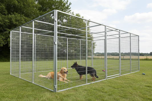 Dogs in secure galvanised steel dog run with tall 6ft mesh panels showing professional-grade construction and rust-proof zinc coating