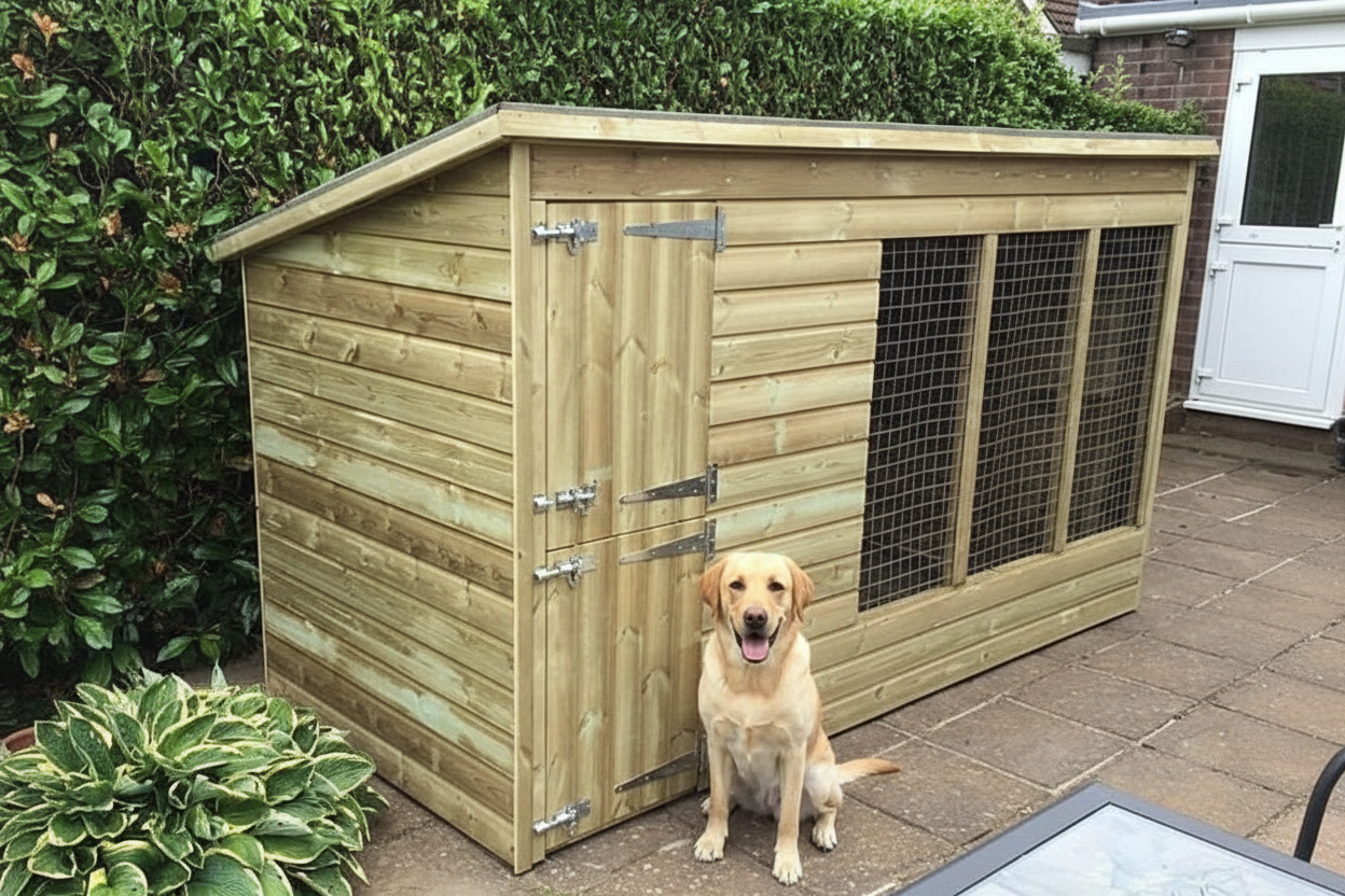 Labrador Retriever in Aston Wooden Dog Kennel demonstrating proper sizing with adequate headroom and space