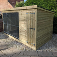 Load image into Gallery viewer, A Kennelstore 10x6 Chesterfield Wooden Dog Kennel & Run. The weatherproof outdoor shelter features a durable timber sleeping area and a rust-resistant galvanised steel run panel.
