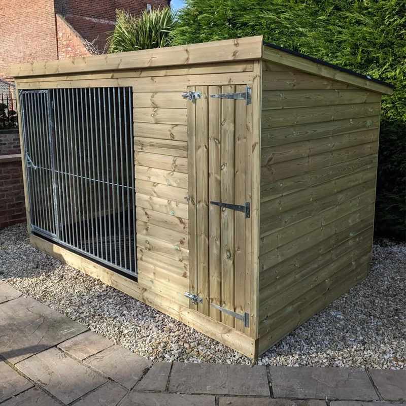 A Kennelstore 10x6 Chesterfield Wooden Dog Kennel & Run. The weatherproof outdoor shelter features a durable timber sleeping area and a rust-resistant galvanised steel run panel.